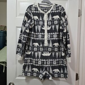 Old Navy Sleep Romper Black/White Fleece Henley Long Sleeve Pajama Womens MEDIUM